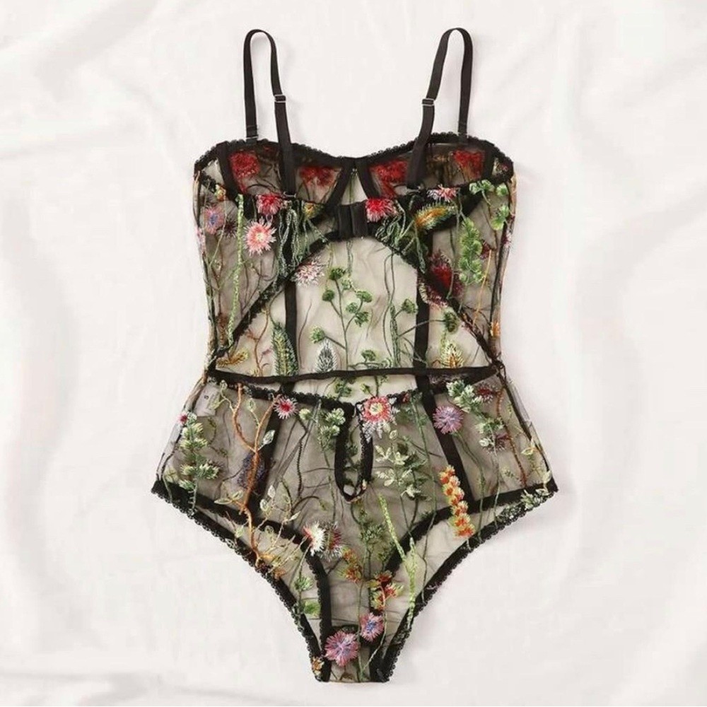 Floral embroidered black lace mesh sexy bodysuit lingerie teddy, multi sizes NWT - Picture 3 of 7